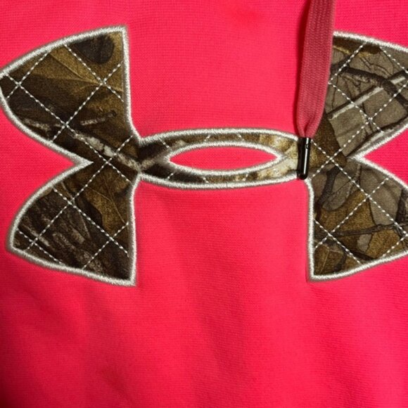 Under Armour Womens UA Rival Big Logo Hoodie Sz M Pink Camo Breast Cancer Storm - Picture 2 of 5